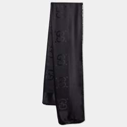 Pre Owned Gucci Black Logo Jacquard Wool & Silk Shawl