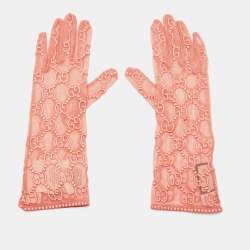 Pre Owned Gucci Nojum Pink Logo Embroidered Tulle Gloves L