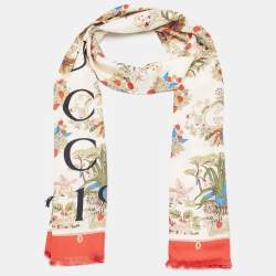 Gucci 100 Cream Flora Printed Silk Stole