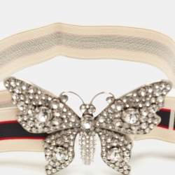 Pre Owned Gucci White Elastic Band Crystals Embellished Butterfly Waist Belt 80CM
