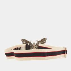 Pre Owned Gucci White Elastic Band Crystals Embellished Butterfly Waist Belt 80CM