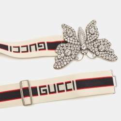 Pre Owned Gucci White Elastic Band Crystals Embellished Butterfly Waist Belt 80CM