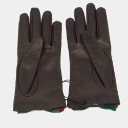 Pre Owned Gucci Black Lambskin Leather Web Bow Gloves Size 7 1/2