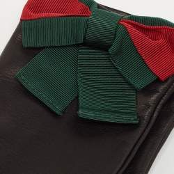 Pre Owned Gucci Black Lambskin Leather Web Bow Gloves Size 7 1/2