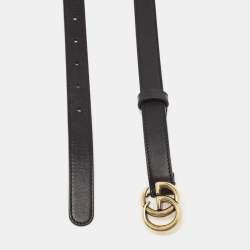 Pre Owned Gucci Black Leather Slim Double G Buckle Belt 70CM