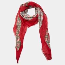 مملوكة مسبقًا Gucci Red/Beige GG Supreme Apple Print Modal & Silk Shawl