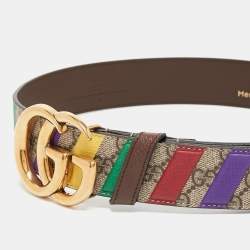 Gucci Beige GG Supreme Canvas Stripe Double G Buckle Belt 70CM