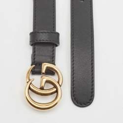 Pre Owned Gucci Black Leather Double G Buckle Slim Belt 85 CM