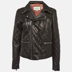 Pre Owned Gucci Black Pearl Logo Embellished Leather Biker Jacket M