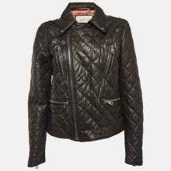 Pre Owned Gucci Black Pearl Logo Embellished Leather Biker Jacket M