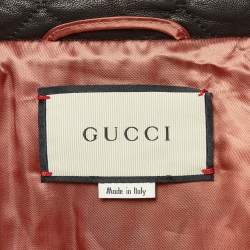 Pre Owned Gucci Black Pearl Logo Embellished Leather Biker Jacket M