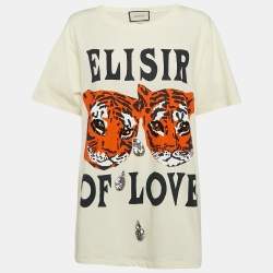 Gucci Cream Tiger Print and Sequined Cotton Oversize T-Shirt S