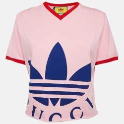 Pre Owned Gucci x Adidas Pink Logo Print Cotton Crop T-Shirt L