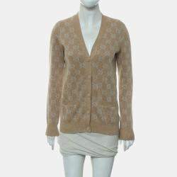 Gucci Light Brown, Camel, Beige Cotton, Metallised Fiber, GG Jacquard Cardigan XS