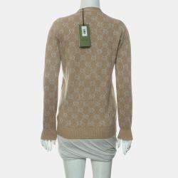 Gucci Light Brown, Camel, Beige Cotton, Metallised Fiber, GG Jacquard Cardigan XS