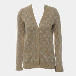 Gucci Light Brown, Camel, Beige Cotton, Metallised Fiber, GG Jacquard Cardigan XS