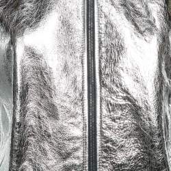 Gucci Silver Metallic Crinkle Leather Bomber Jacket XL
