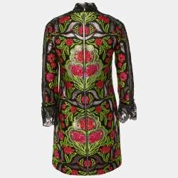 Pre Owned Gucci Black Floral Brocade & Lace Mini Dress S