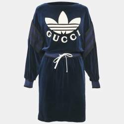 Gucci Navy Blue Velour Logo Applique Detail Short Dress S
