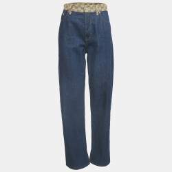 Pre Owned Gucci Blue Denim GG Jacquard Waist Detail Low Waist Jeans M Waist 28"