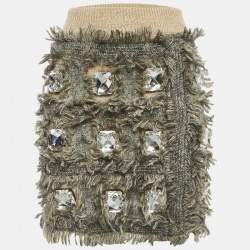 Gucci Beige Fringed Wool Heavy Crystal Embellished Mini Skirt XS