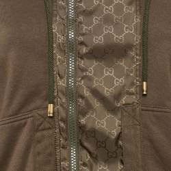 Pre Owned Gucci Khaki Green Cotton Knit Monogram Panel Detail Hooded Zip-Up Jacket S