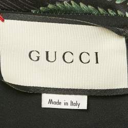 مملوكة مسبقًا فستان غوتشي ساتان حرير أسود مطبوع بدون أكمام قصير مقاس كبير (لارج)