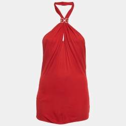 Gucci Red Horsebit Detail Crepe Jersey Halter Neck Top L