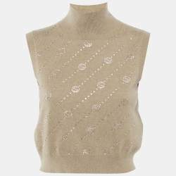 Gucci Brown Studded Cashmere Knit Sleeveless High Neck Top S