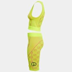 Pre Owned Gucci Acid Green GG Jacquard Technical Crop Top and Biker Shorts Set S/M