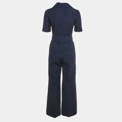 Pre Owned Gucci Navy Blue Wool Blend Logo Belted Flared Jumpsuit S 