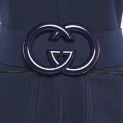 Pre Owned Gucci Navy Blue Wool Blend Logo Belted Flared Jumpsuit S 