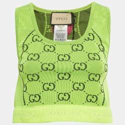 Pre Owned Gucci Fluorescent Green GG Jacquard Crop Tank Top M