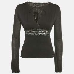 Pre Owned بلوزة غوتشي جيرسي مزخرفة بالدانتيل أسود حجم صغير جداً