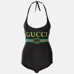 مملوكة مسبقًا Gucci Black Logo Print Jersey Swimsuit XXS