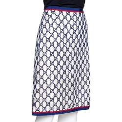 Pre Owned Gucci Navy Blue & Cream GG Macrame Overlay A-Line Skirt M
