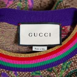 Pre Owned Gucci Brown Floral Logo Monogram Lurex Knit Short Sleeve Sweater L