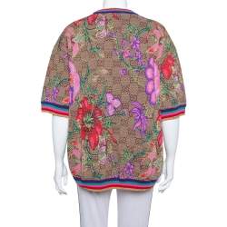Pre Owned Gucci Brown Floral Logo Monogram Lurex Knit Short Sleeve Sweater L