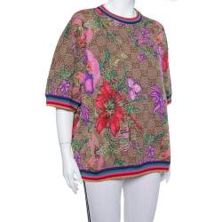 Pre Owned Gucci Brown Floral Logo Monogram Lurex Knit Short Sleeve Sweater L