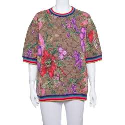 Pre Owned Gucci Brown Floral Logo Monogram Lurex Knit Short Sleeve Sweater L