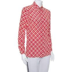 Pre Owned Gucci Red & Cream Silk Geometric Print Button Front Shirt S