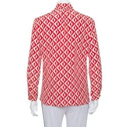 Pre Owned Gucci Red & Cream Silk Geometric Print Button Front Shirt S