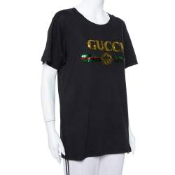 Pre Owned تي شيرت غوتشي رقبة مستديرة قطن مزخرف ترتر أسود مقاس وسط (ميديوم)