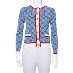 Pre Owned Gucci Blue Wool Logo Intarsia Knit  Button Front Cardigan XXS