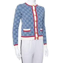 Pre Owned Gucci Blue Wool Logo Intarsia Knit  Button Front Cardigan XXS