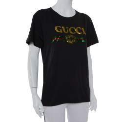 Gucci Black Cotton Sequin Embellished Tiger & Logo Detail Oversized T-shirt XS
