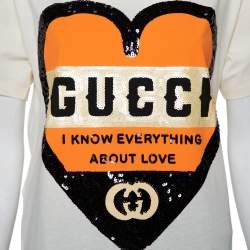 Gucci Cream Cotton Sequin Embellished Heart Detail Oversized Crewneck T-Shirt XS