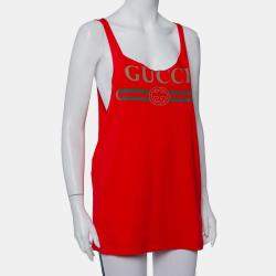 Pre Owned Gucci Red Logo Printed Cotton Tank Top S
