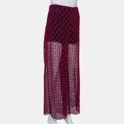Pre Owned Gucci Navy Blue & Red Logo Embroidered Mesh Wide Leg Sheer Pants M