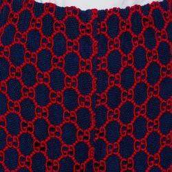 Pre Owned Gucci Navy Blue & Red Logo Embroidered Mesh Wide Leg Sheer Pants M